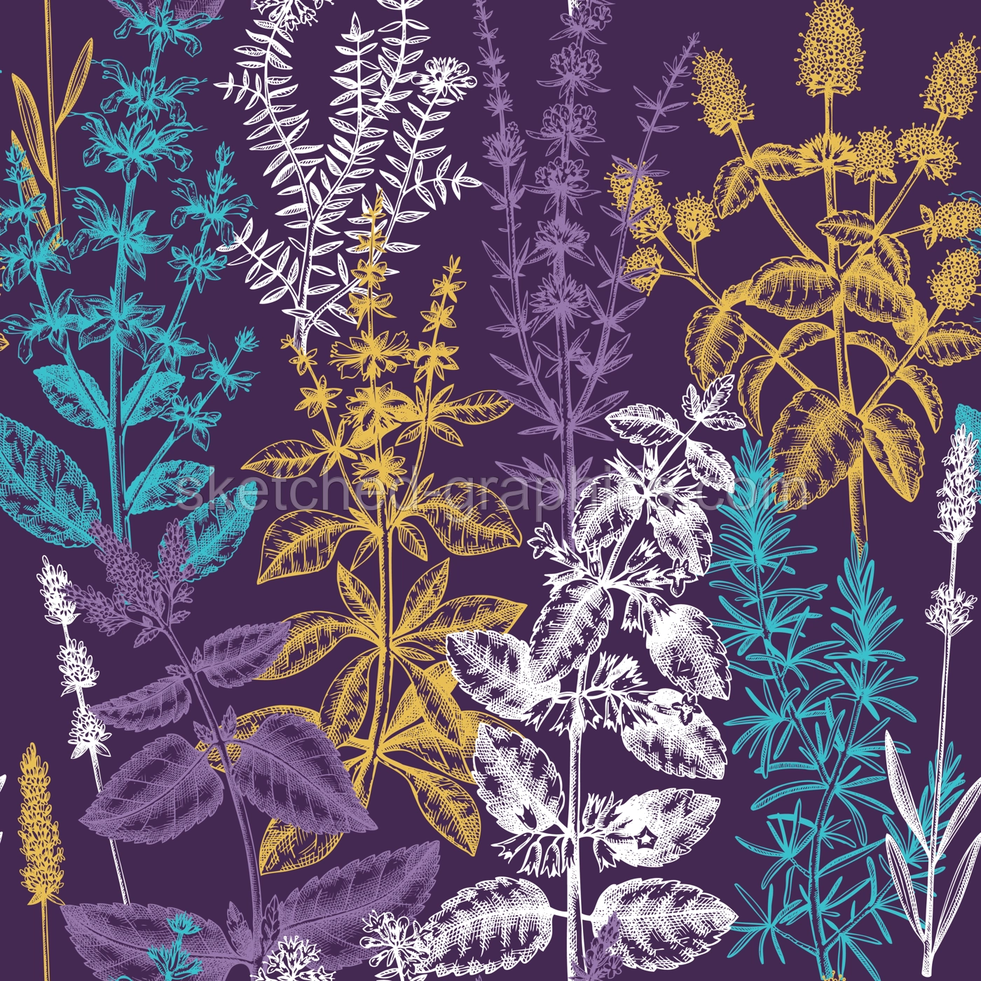 Mints and balms seamless pattern. Hand sketched aromatic and medicinal herbs background. Herbal tea ingredients. Mint plants for cosmetics, perfumery, textile, wrapping, packaging, fabric.  Illustration